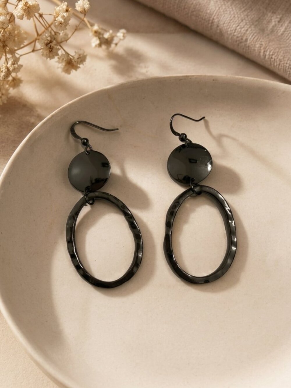 Black Hammered Oval Drop Earrings | Lightweight Dangle Earrings
